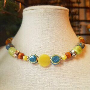 Bright Citrus Boho Beaded Necklace - Lemon Jade, Imperial Jasper, Ceramic & Wood